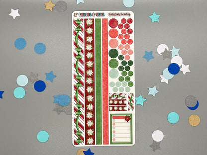 Decorative sticker sheet with washi strips and circle dots that match with the Holly Jolly Holiday Christmas sticker set on gray background with confetti.