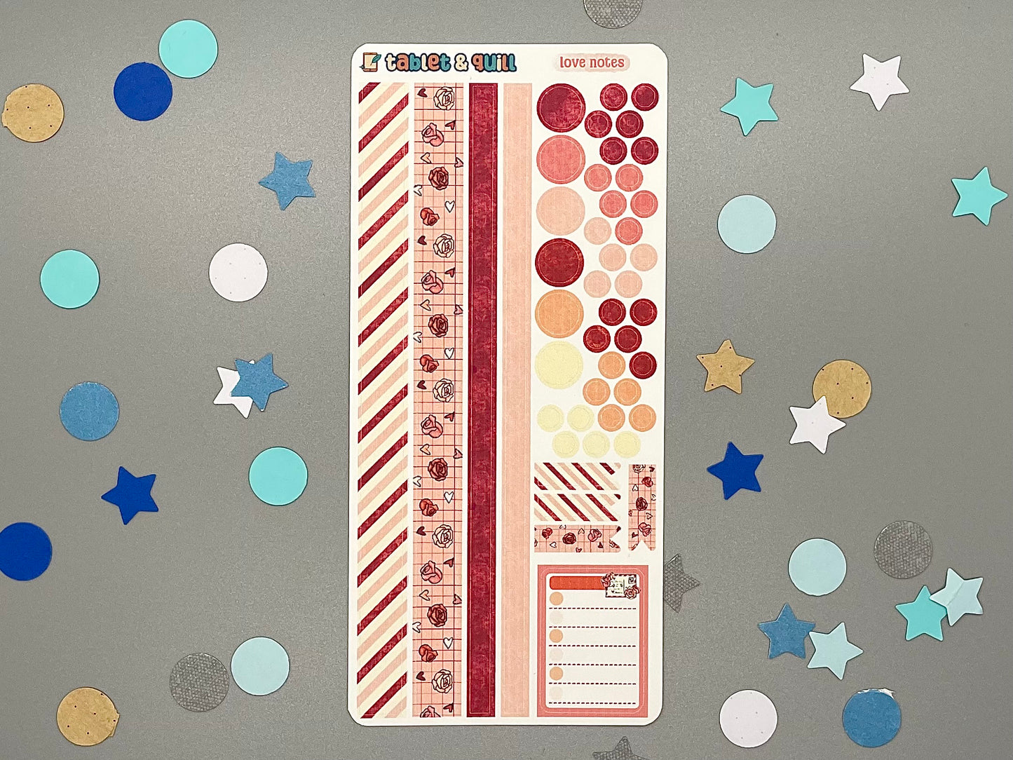 Decorative valentine's love notes themed sticker sheet on a gray background with confetti.