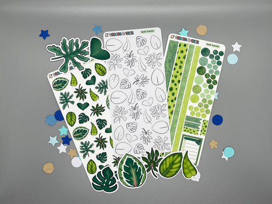Set of leaves themed stickers for bullet journals and planners. Set includes colorable sticker sheet, decorative sticker sheet, color sticker sheet, and die cut sticker flakes.