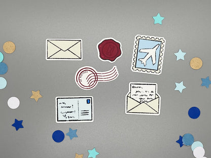 Set of mail themed die cut sticker flakes for bullet journals and planners.