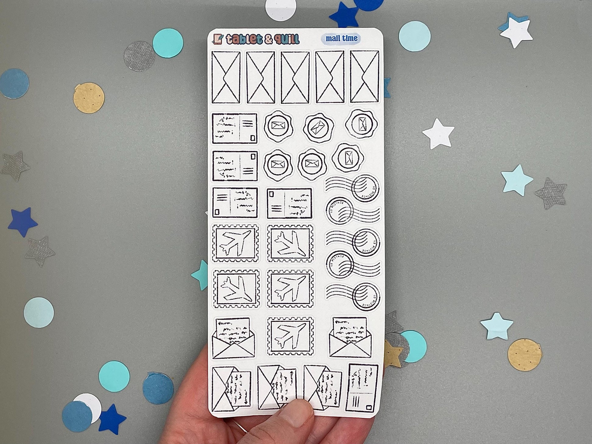 Mail themed colorable sticker sheet with 31 stickers for bullet journals and planners.