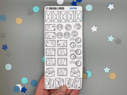 Mail themed colorable sticker sheet with 31 stickers for bullet journals and planners.