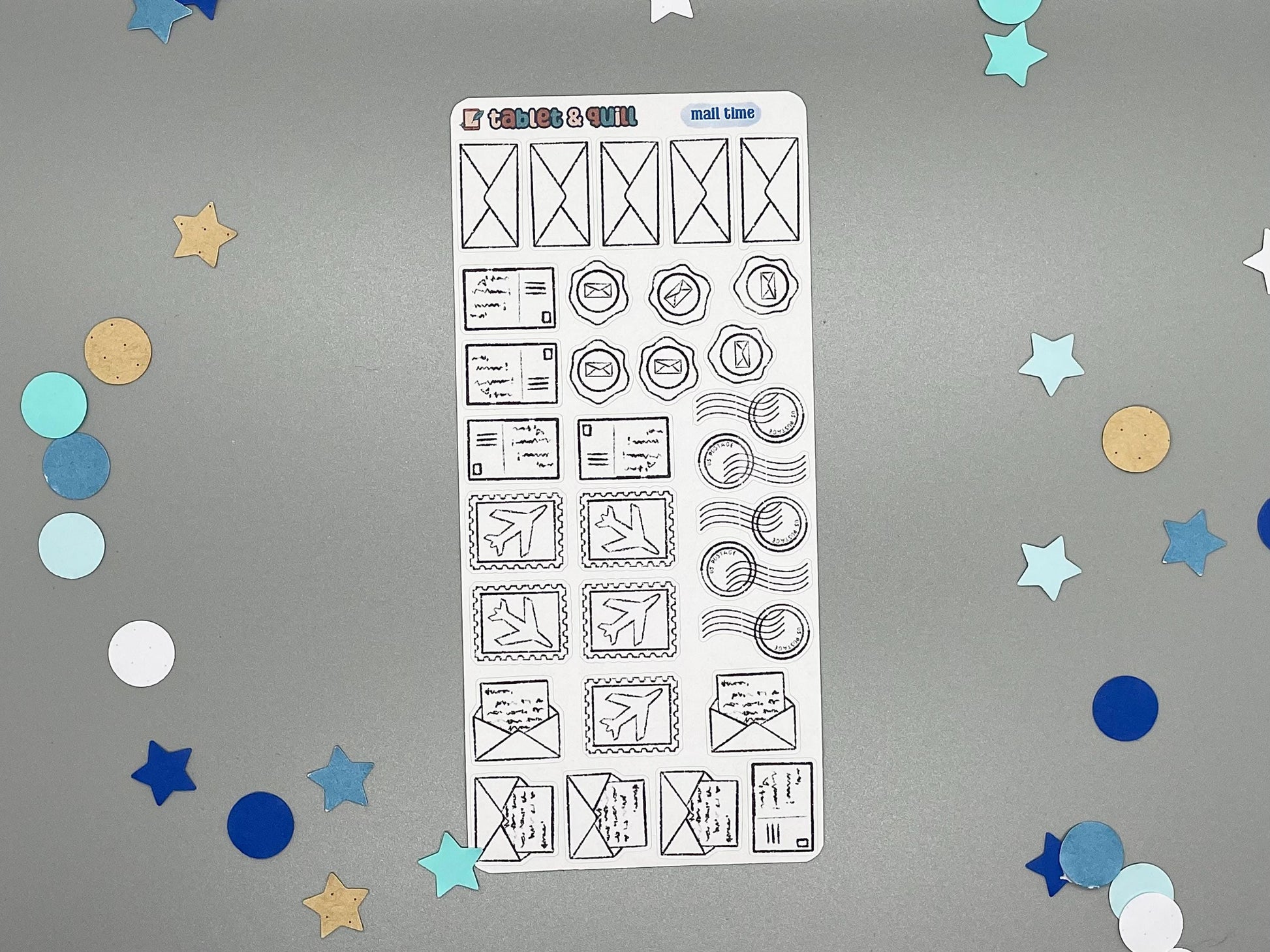 Mail themed colorable sticker sheet with 31 stickers for bullet journals and planners.