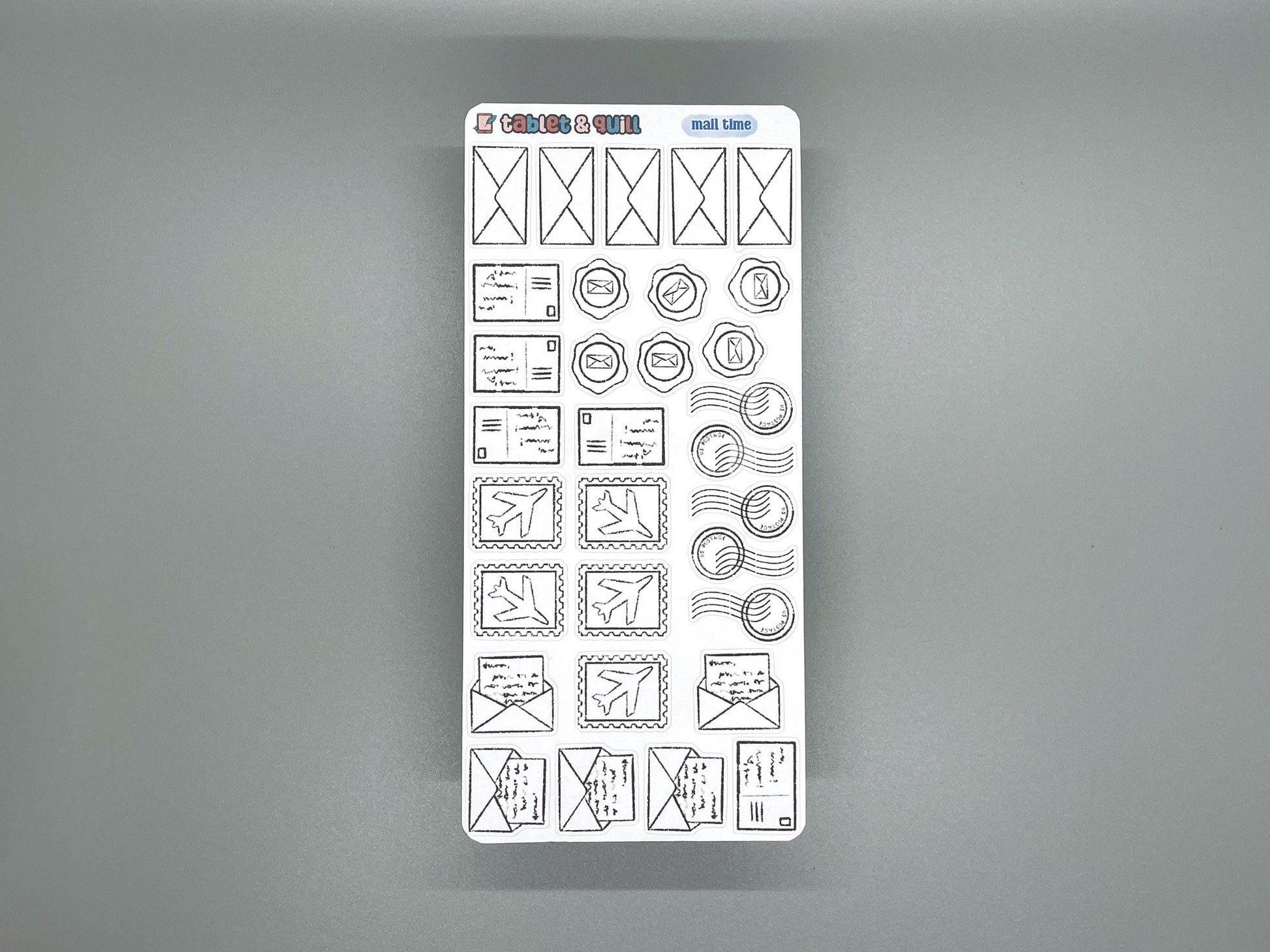 Mail themed colorable sticker sheet with 31 stickers for bullet journals and planners.
