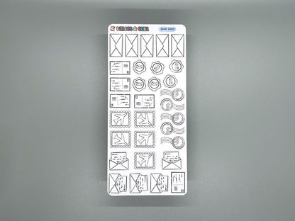 Mail themed colorable sticker sheet with 31 stickers for bullet journals and planners.