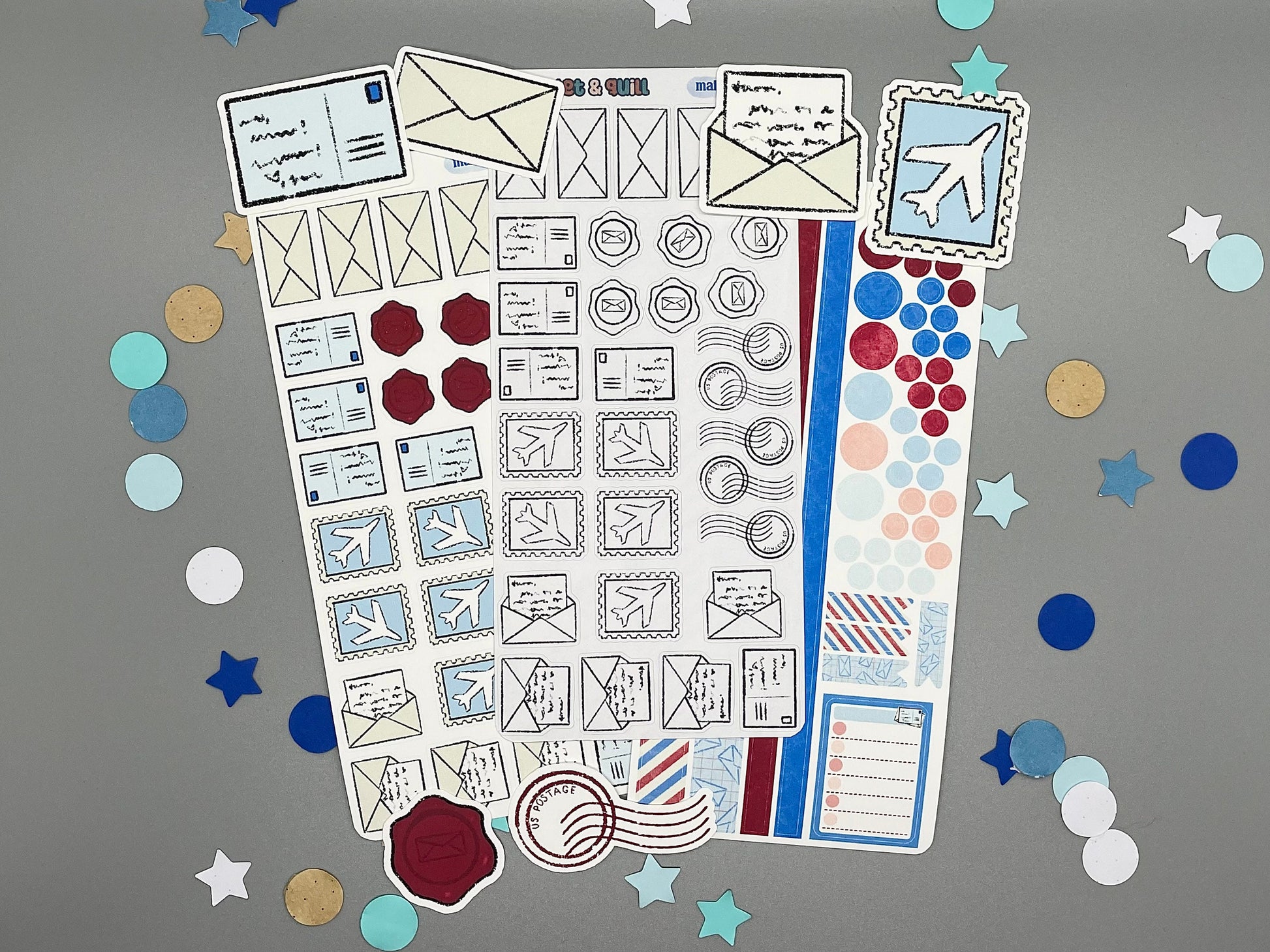 Set of mail themed stickers for bullet journals and planners. Set includes colorable sticker sheet, decorative sticker sheet, color sticker sheet, and die cut sticker flakes.
