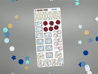 Closeup of an in color mail sticker for bullet journals and planners.