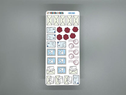 Closeup of an in color mail sticker for bullet journals and planners.