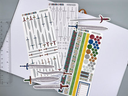 Sword Themed Mighty Swords DIY Color Black & White Sticker Sheet