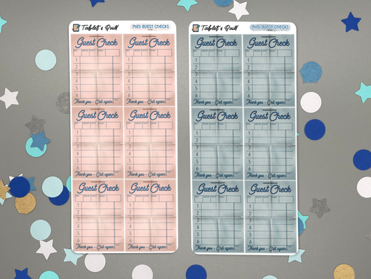 Two mini guest check sticker sheets on a gray background with colorful star confetti