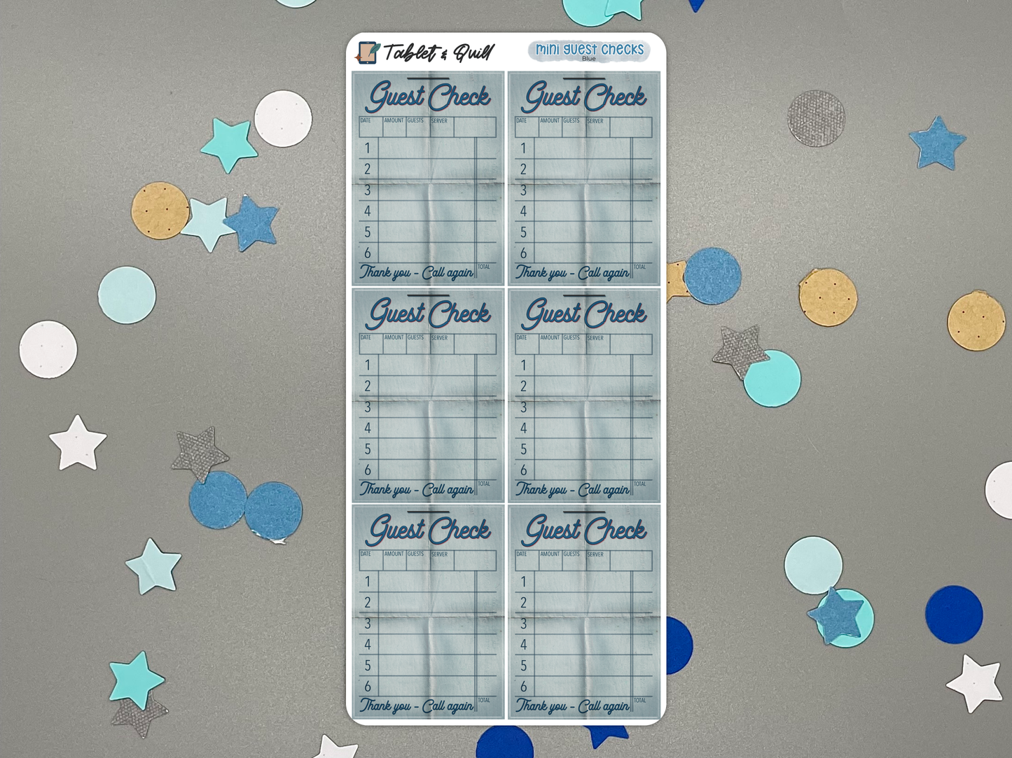 Blue mini guest check sticker sheet on a gray background with confetti.
