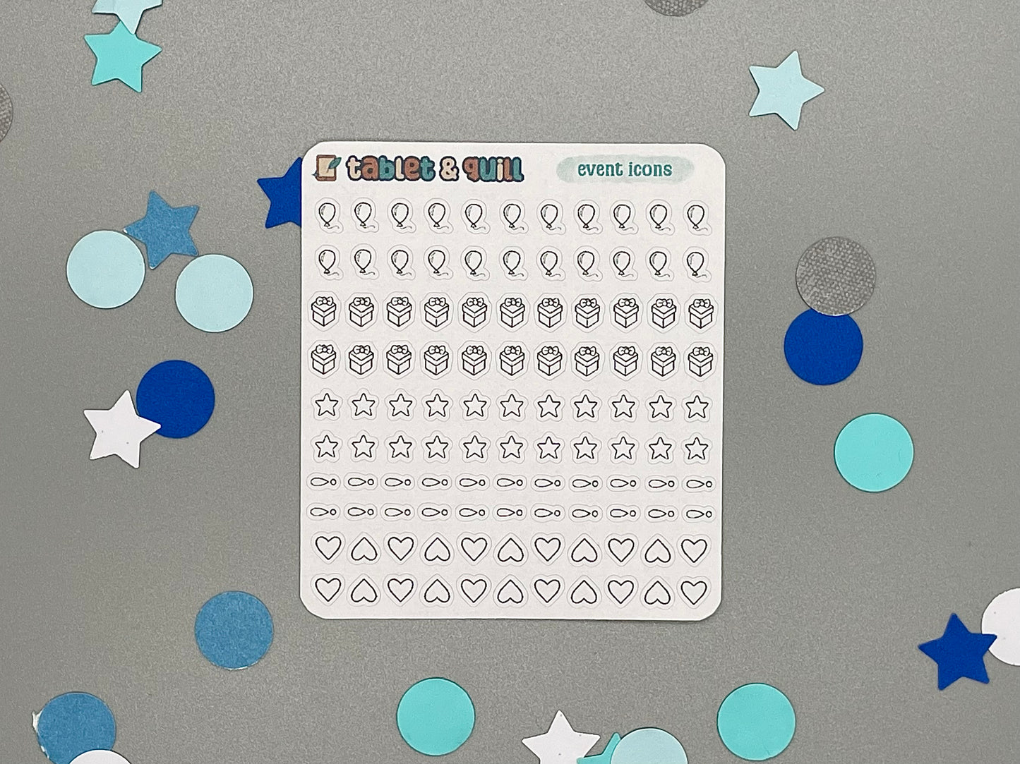 Sticker sheet of event icons with decorative confetti on a gray background