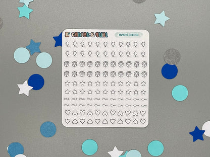 Sticker sheet of event icons with decorative confetti on a gray background