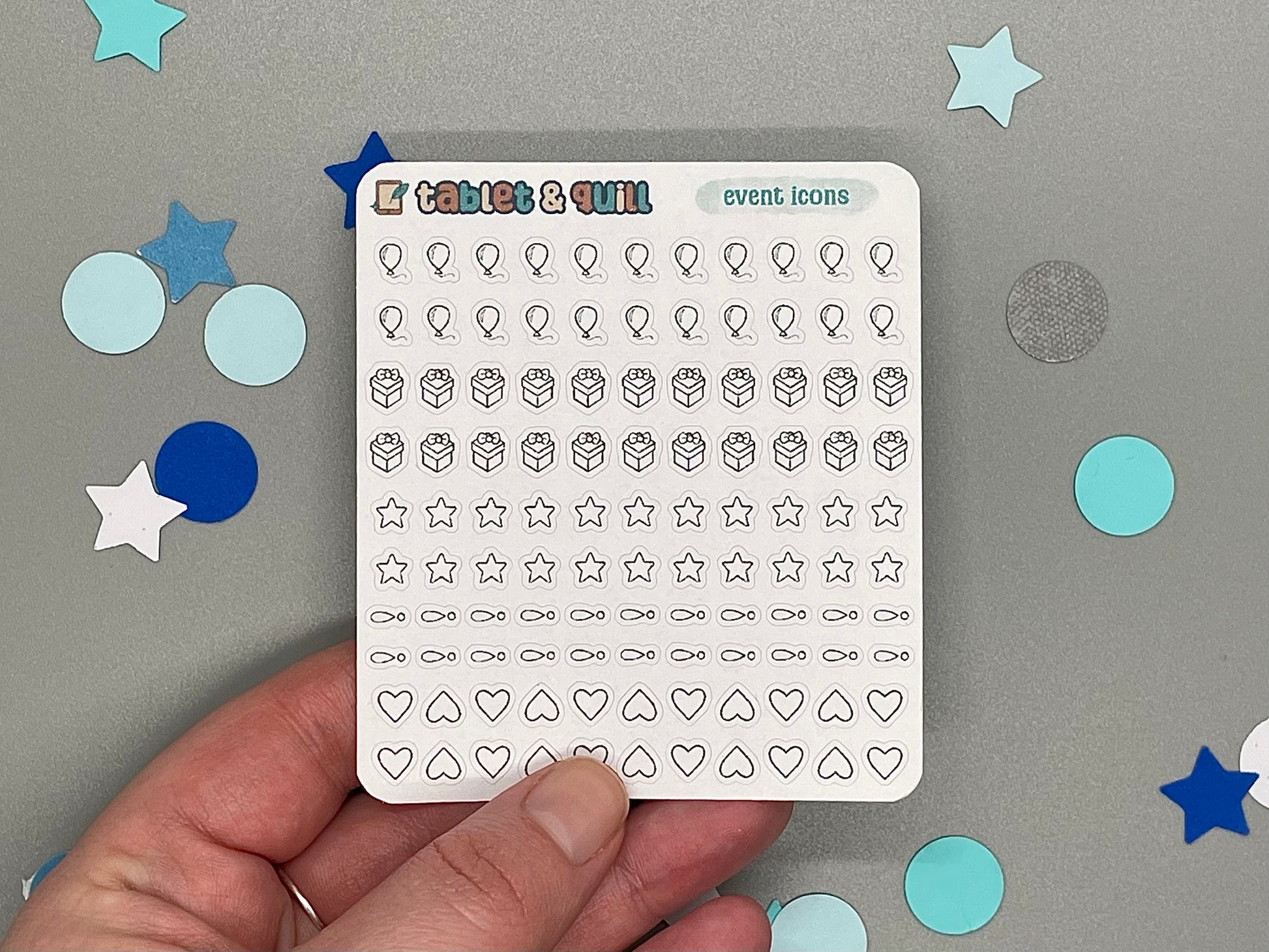 Sheet of event icons held by a hand with decorative confetti on a gray background