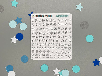 Sheet of icons on a gray background with decorative stars and circles.
