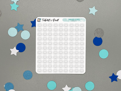 Sheet of mini planner stickers with book icons on a gray background with decorative stars and circles.