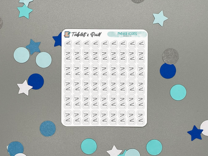Sheet of mini planner stickers with movie clapper icons on a gray background with decorative stars and circles.