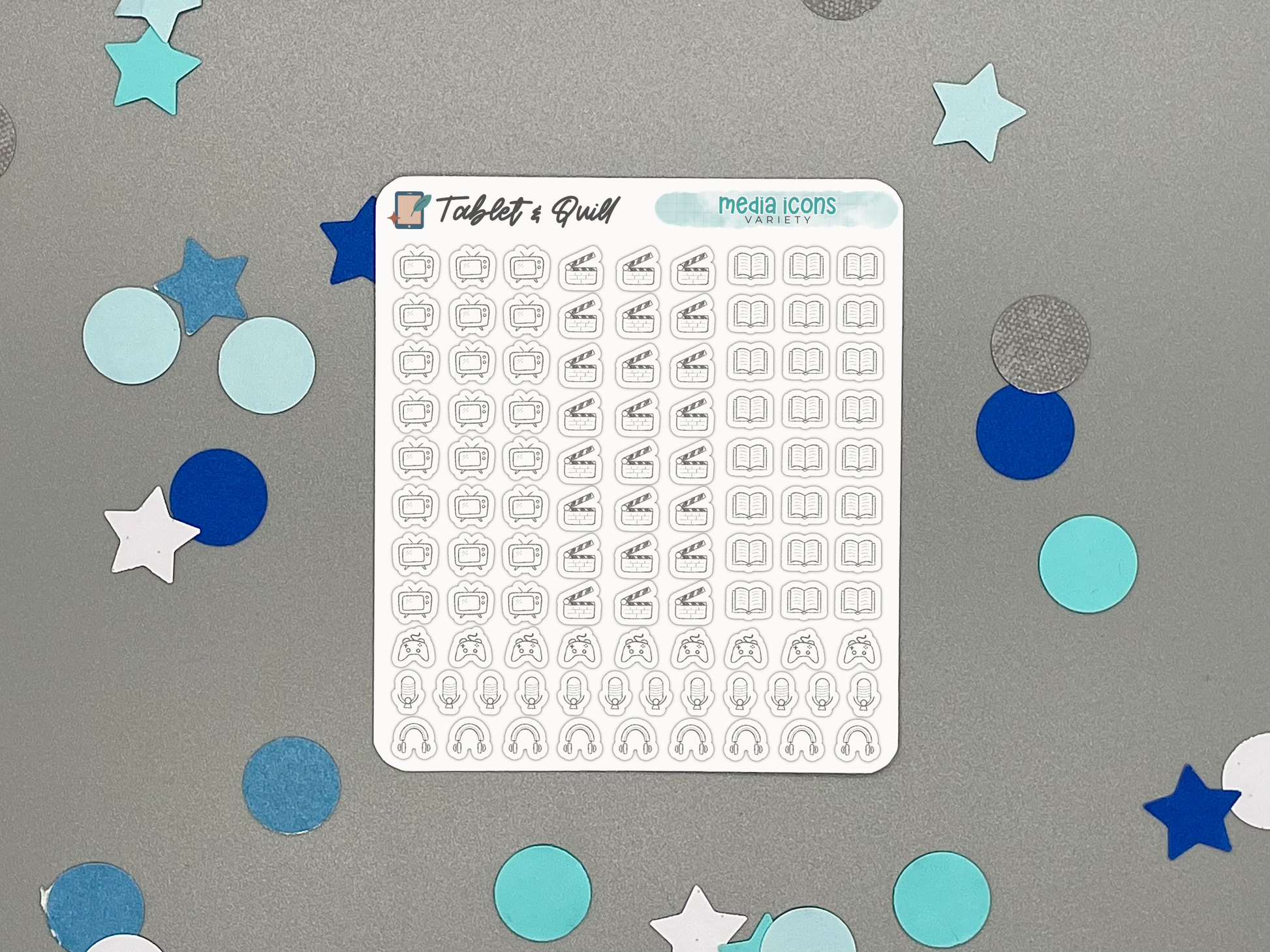 Sheet of mini planner stickers with various media icons on a gray background with decorative stars and circles.
