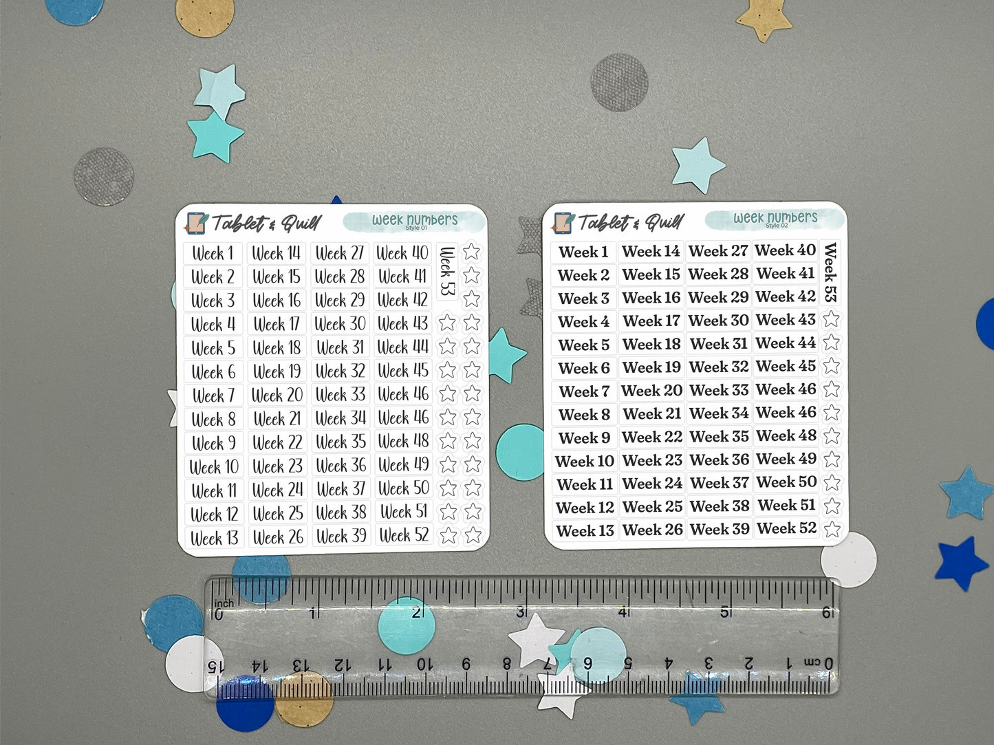 Two planner stickers sheets with a ruler for size reference on a decorative background.