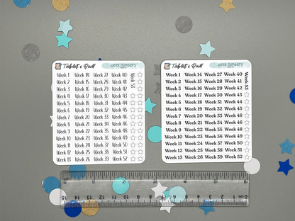 Two planner stickers sheets with a ruler for size reference on a decorative background.