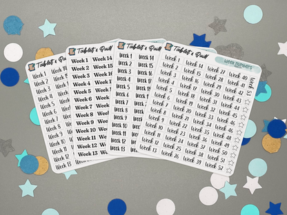Four planner sticker sheets with week numbers on a gray background with decorative stickers.