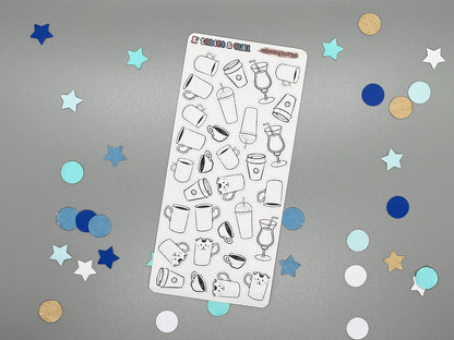 Coffee themed themed colorable sticker sheet with 31 stickers for bullet journals and planners.
