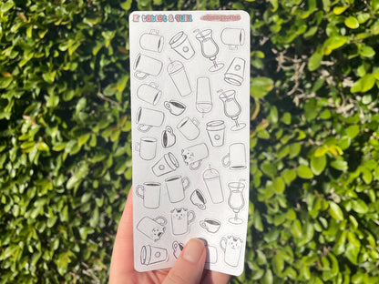 Coffee themed themed colorable sticker sheet with 31 stickers for bullet journals and planners.