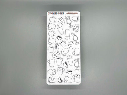 Coffee themed themed colorable sticker sheet with 31 stickers for bullet journals and planners.