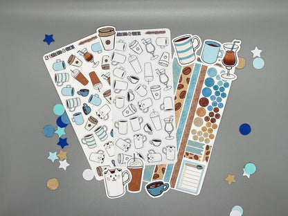 Set of coffee themed stickers for bullet journals and planners. Set includes colorable sticker sheet, decorative sticker sheet, color sticker sheet, and die cut sticker flakes.