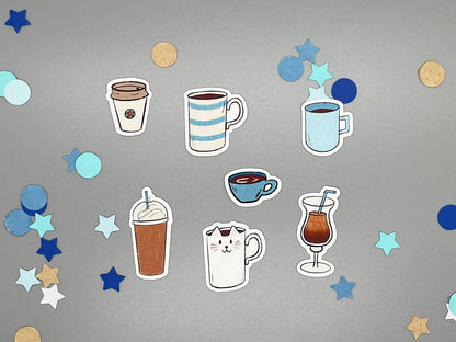 Set of coffee themed die cut sticker flakes for bullet journals and planners.
