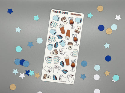Coffee themed sticker sheet in color with 31 stickers for bullet journals and planners.
