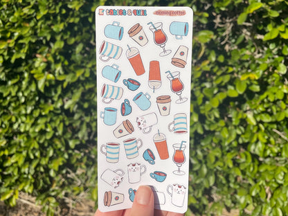 Coffee themed sticker sheet in color with 31 stickers for bullet journals and planners.