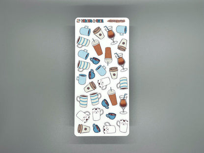 Coffee themed sticker sheet in color with 31 stickers for bullet journals and planners.