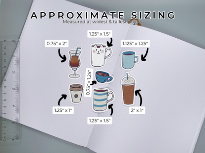 Set of coffee themed die cut sticker flakes for bullet journals and planners. Approximate sizing with the smallest sticker 0.75" x 1.25" and the largest sticker is 2" x 1". Ruler for scale on the left.