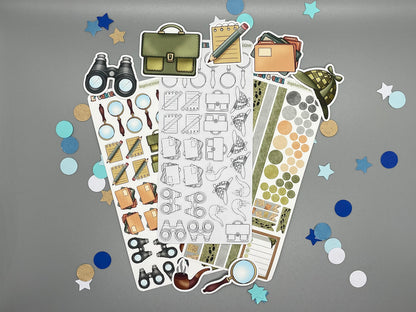 Collection of detective themed stickers and die cut sticker flakes on a gray background with confetti.
