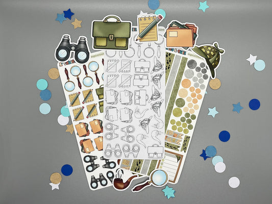 Collection of detective themed stickers and die cut sticker flakes on a gray background with confetti.