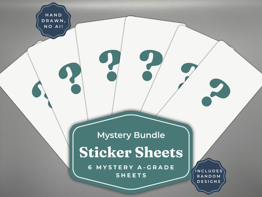 Mystery Bundle sticker sheets with question marks on a gray background