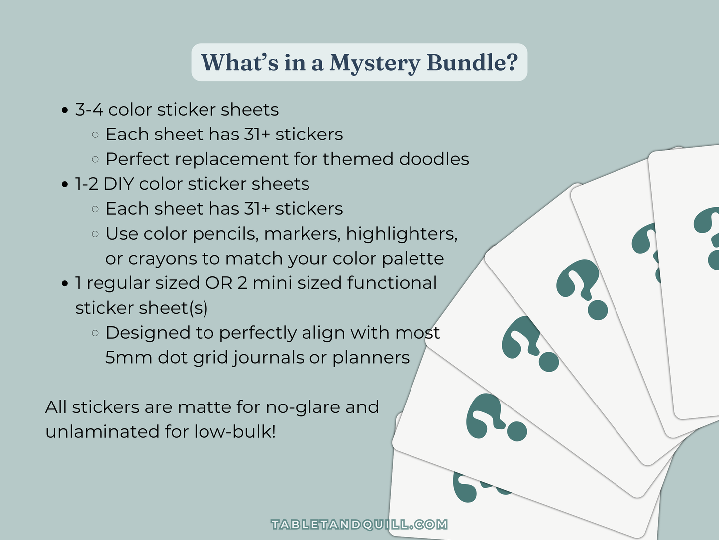Promotional graphic for a mystery bundle of stickers with text and question-marked sheets.