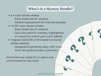 Promotional graphic for a mystery bundle of stickers with text and question-marked sheets.