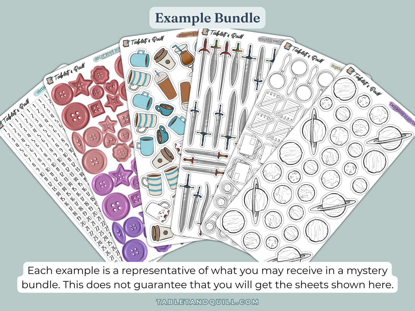 Example set of bullet journal and planner stickers with various designs on a light blue background