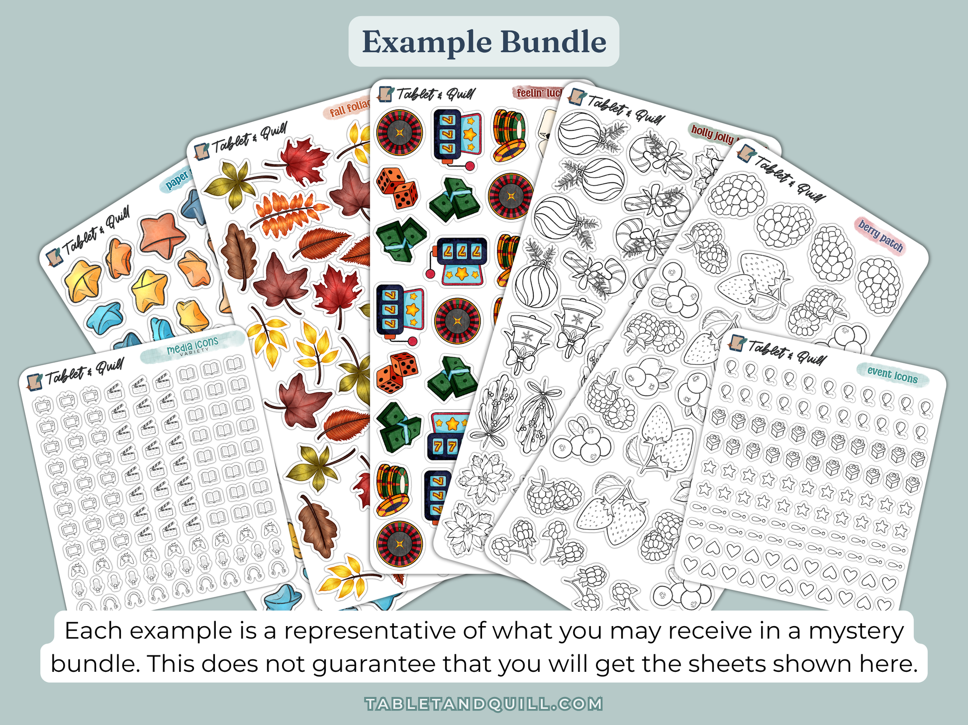Example set of bullet journal and planner stickers with various designs on a light blue background