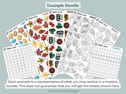 Example set of bullet journal and planner stickers with various designs on a light blue background