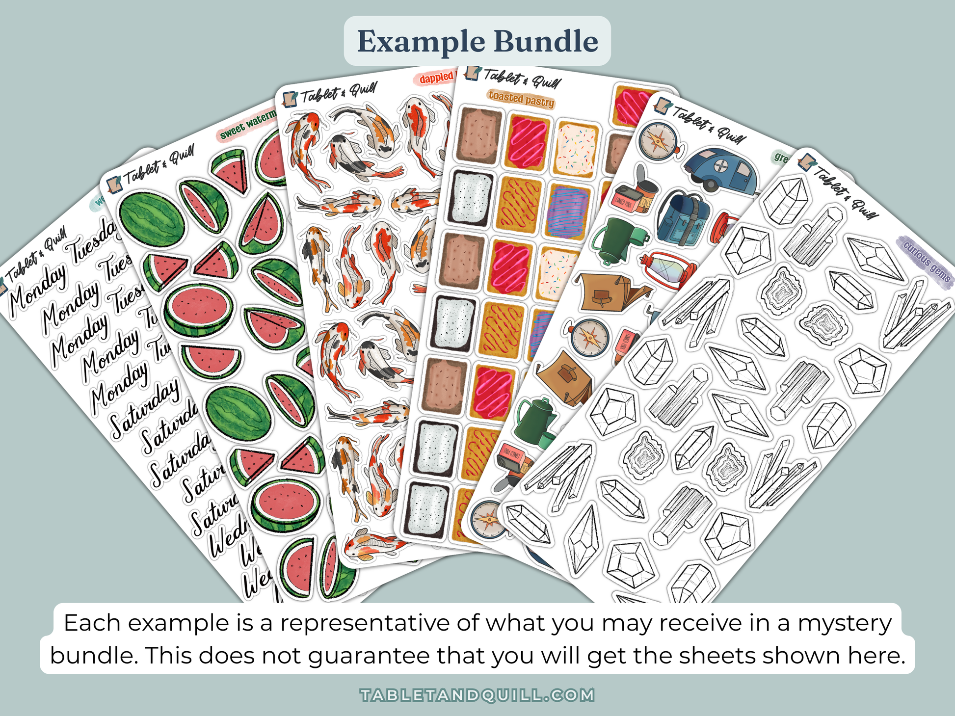 Example set of bullet journal and planner stickers with various designs on a light blue background