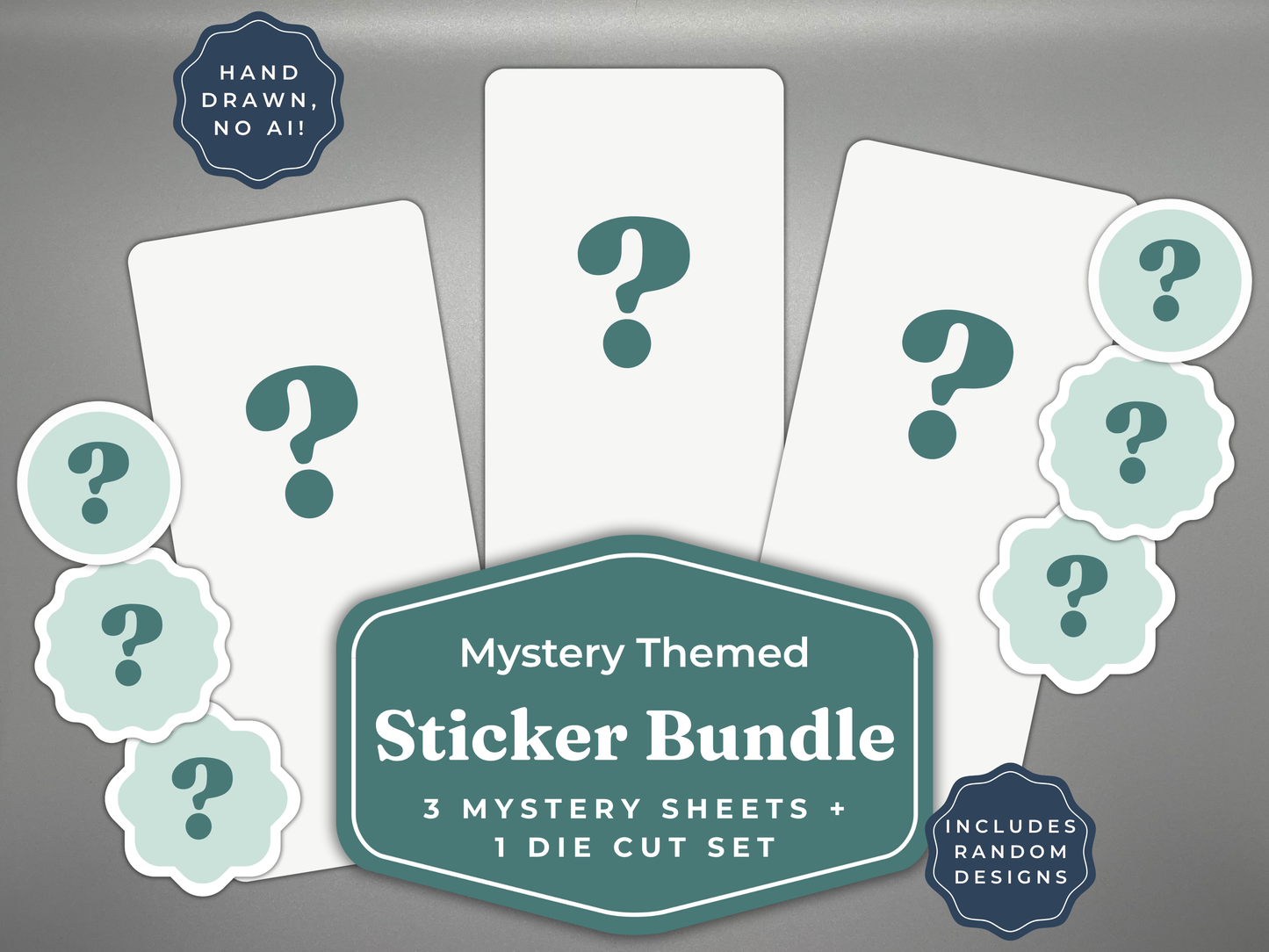 Mystery themed sticker bundle with question mark designs on a gray background