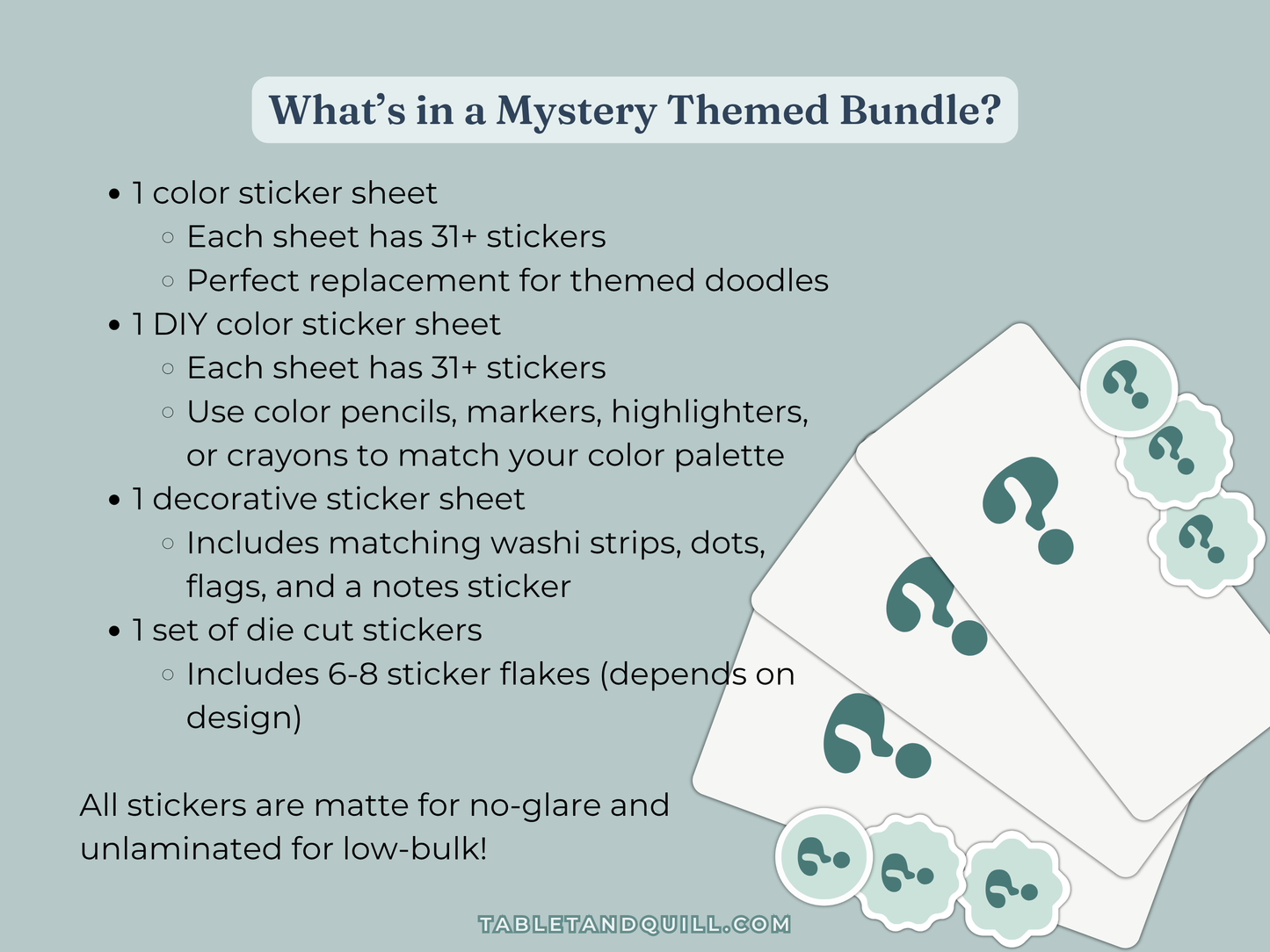 Product description of a mystery themed bundle with mystery stickers on a light blue background.