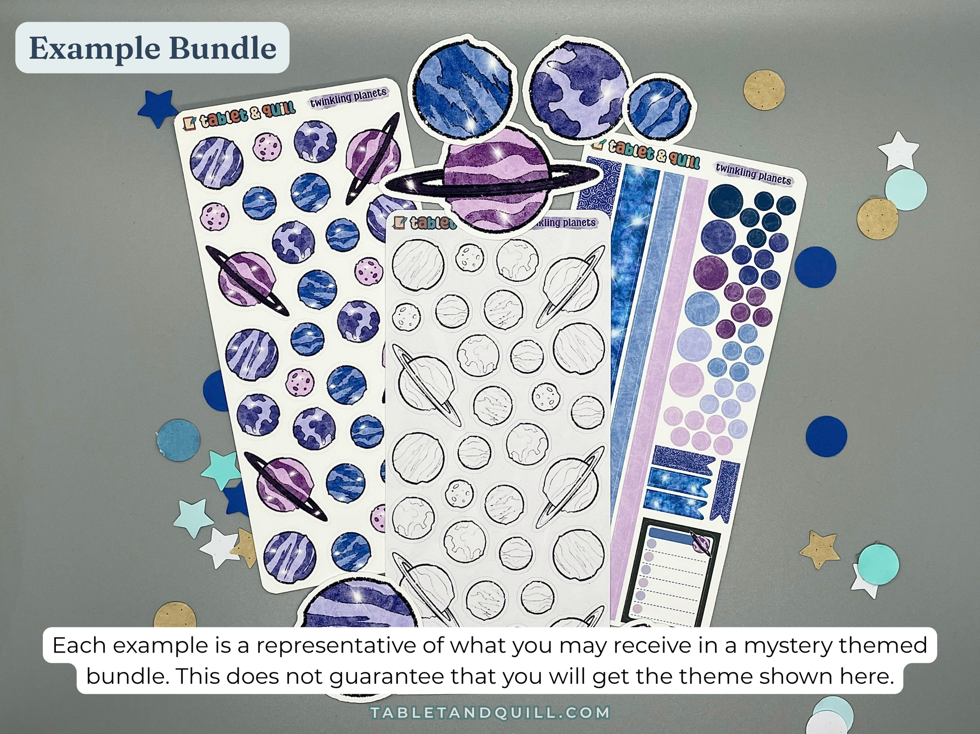 Example of Sticker bundle with space-themed designs on a gray background