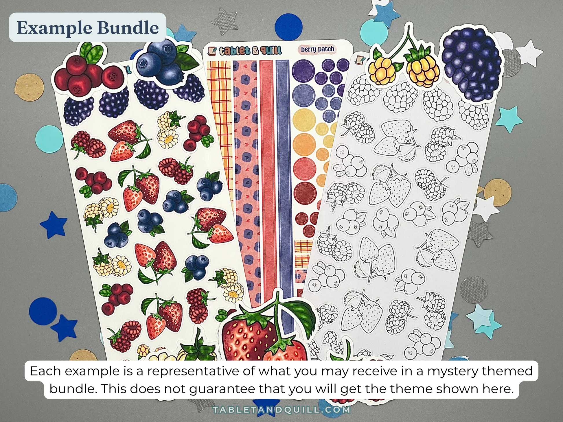 Example of themed sticker bundle. Sticker sheets and die cut stickers are berry themed.