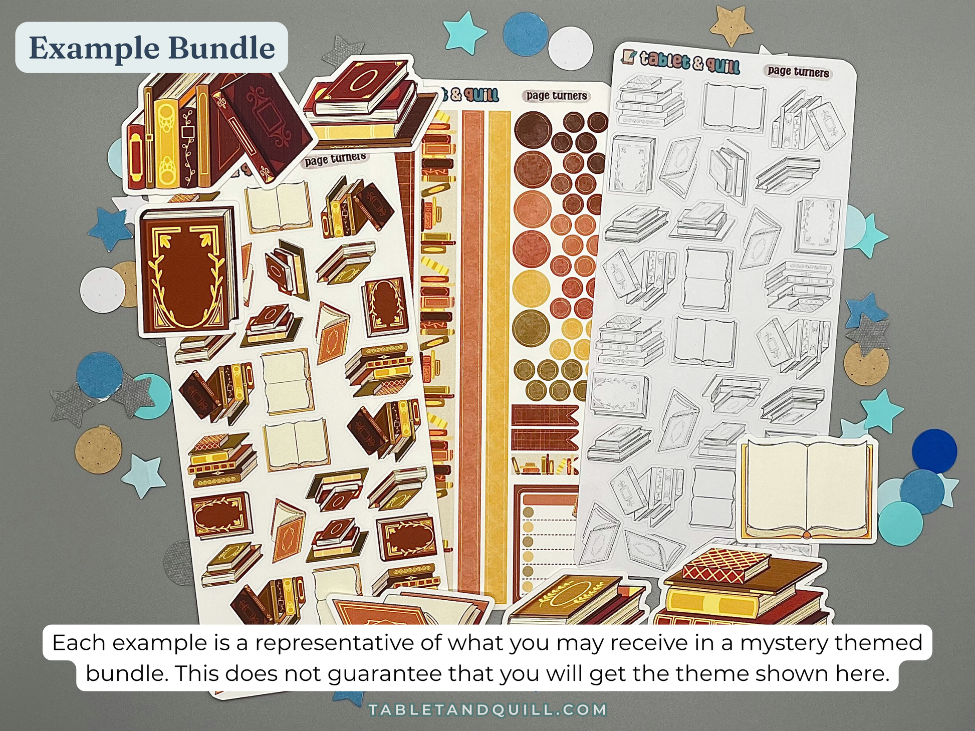 Example of themed sticker bundle. Sticker sheets and die cut stickers are book themed.