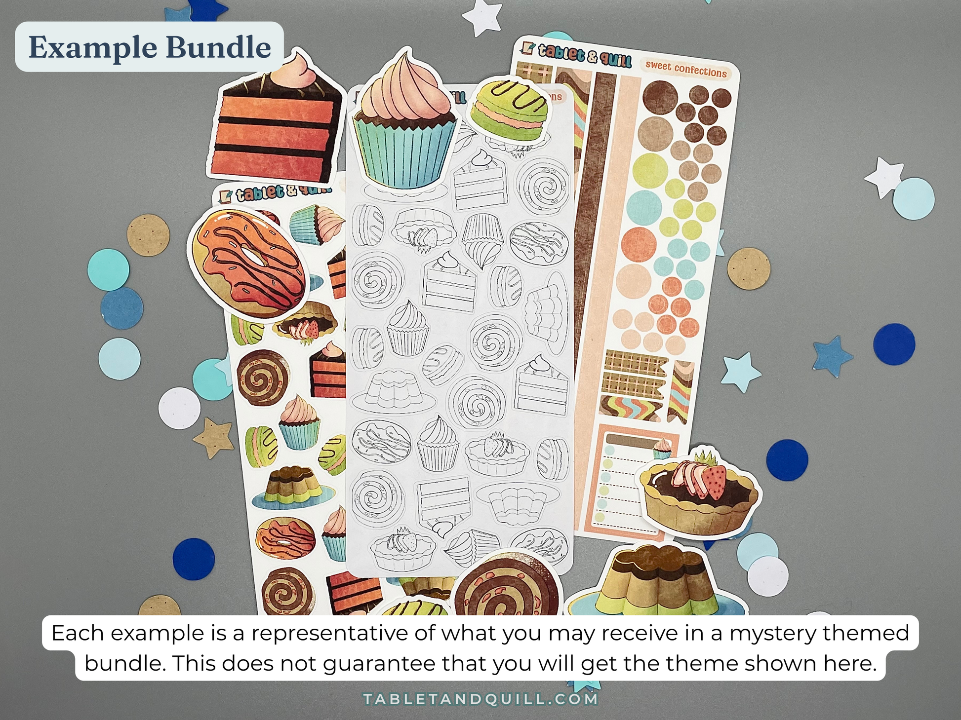 Example of themed sticker bundle. Sticker sheets and die cut stickers are dessert themed.