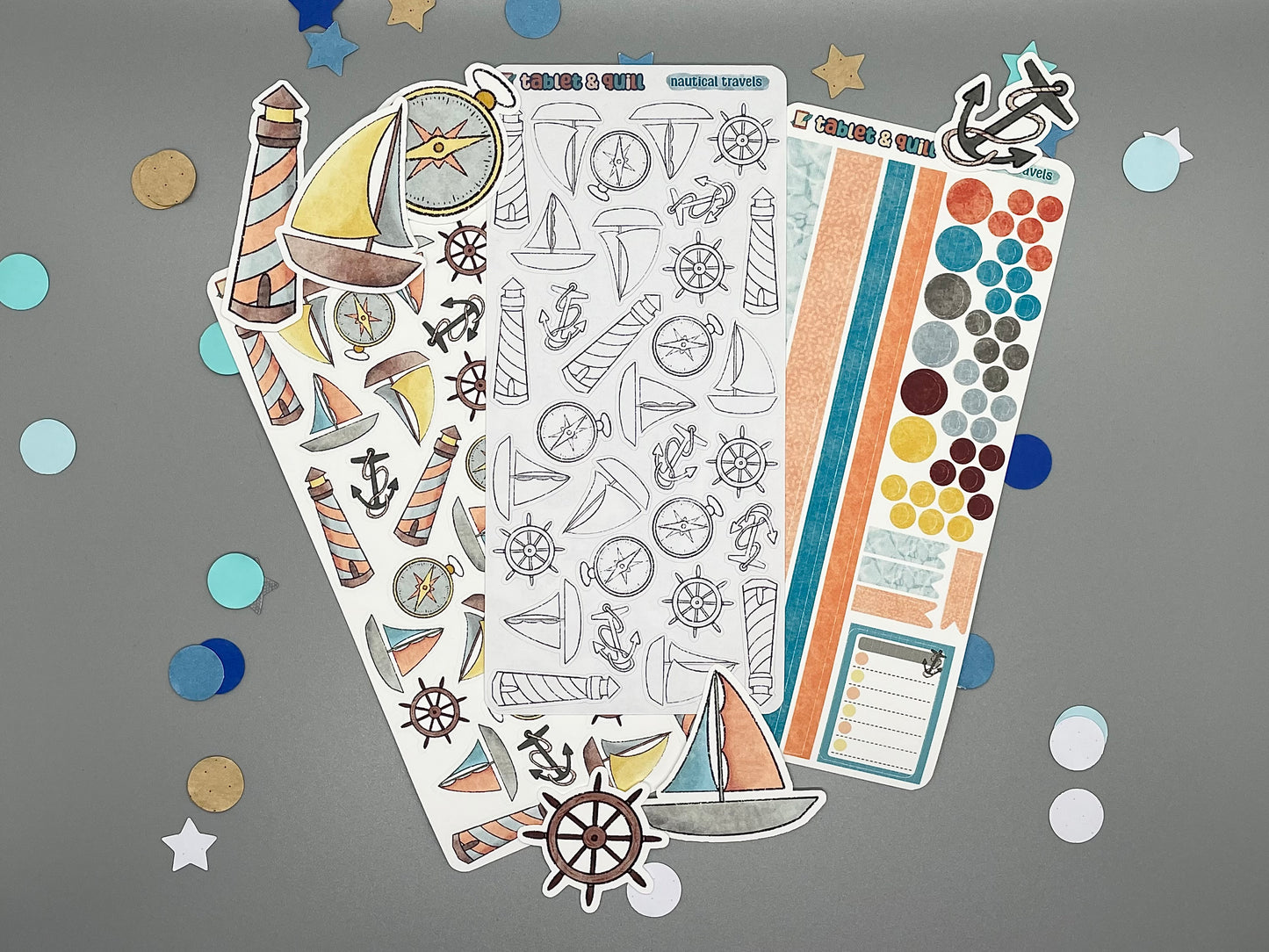 An overview image of nautical stickers, including a color sticker sheet, a colorable sticker sheet, a decorative sticker sheet, and die cut sticker flakes.